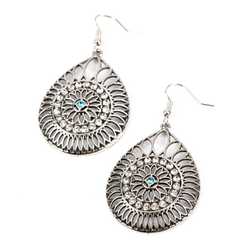 Silver dangle earring with blue accent rhinestone